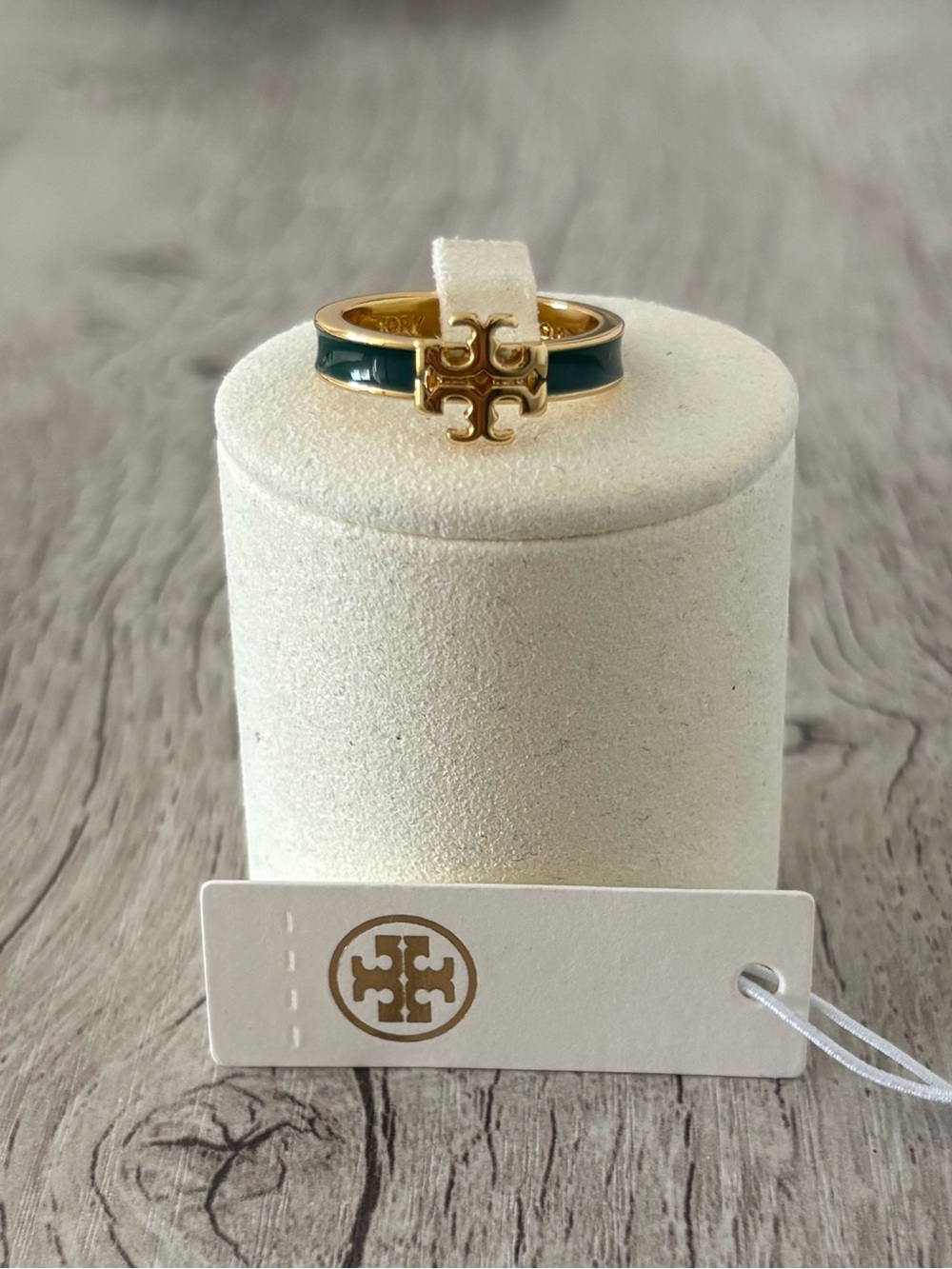 Tory Burch Gold-Tone Logo Ring with Dark Green Enamel